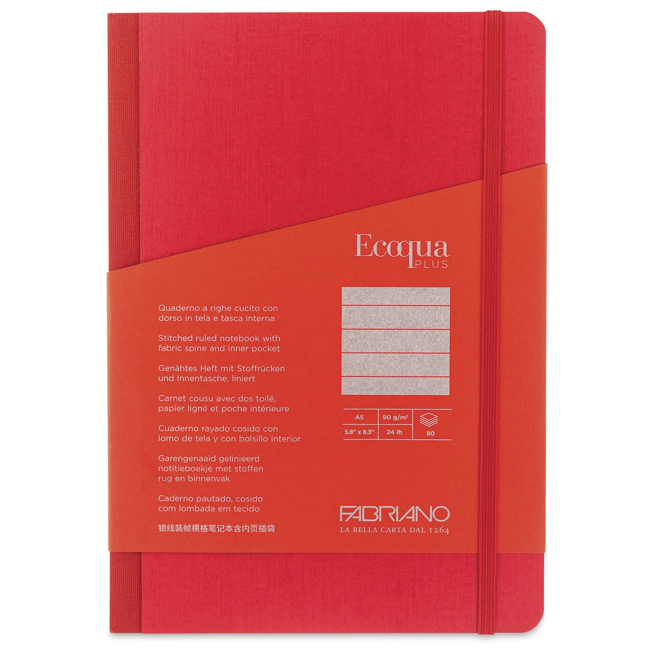 Fabriano Ecoqua Plus Fabric-Bound Notebook - Red, 5-4/5" x 8-1/4", Lined